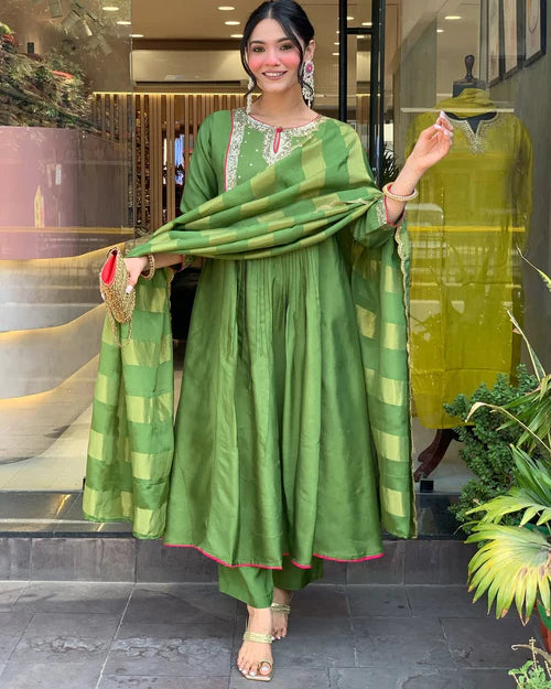 Green Silk Anarkali Kurta Set with Striped Dupatta