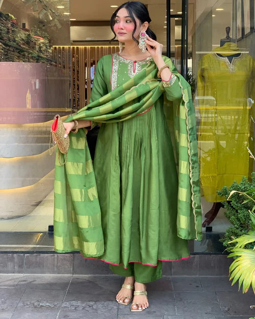 Green Silk Anarkali Kurta Set with Striped Dupatta