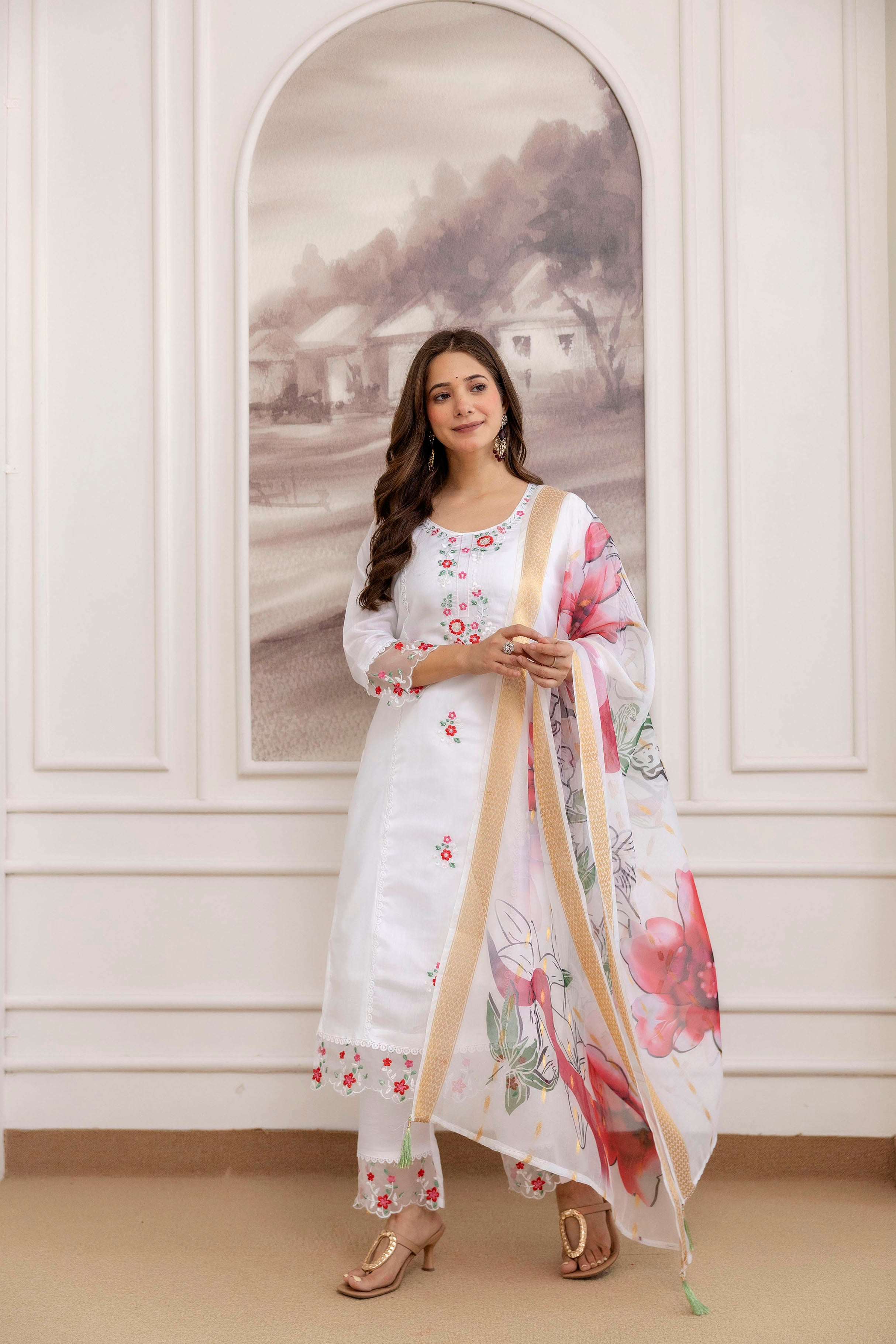 Crimson Petal Embroidered Chanderi suit Set