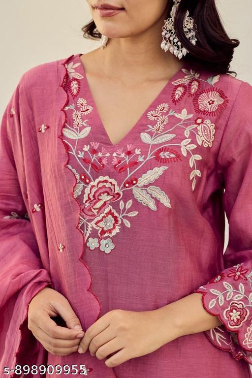 Vamika Onion Pink Floral Threadwork Silk Suit Set