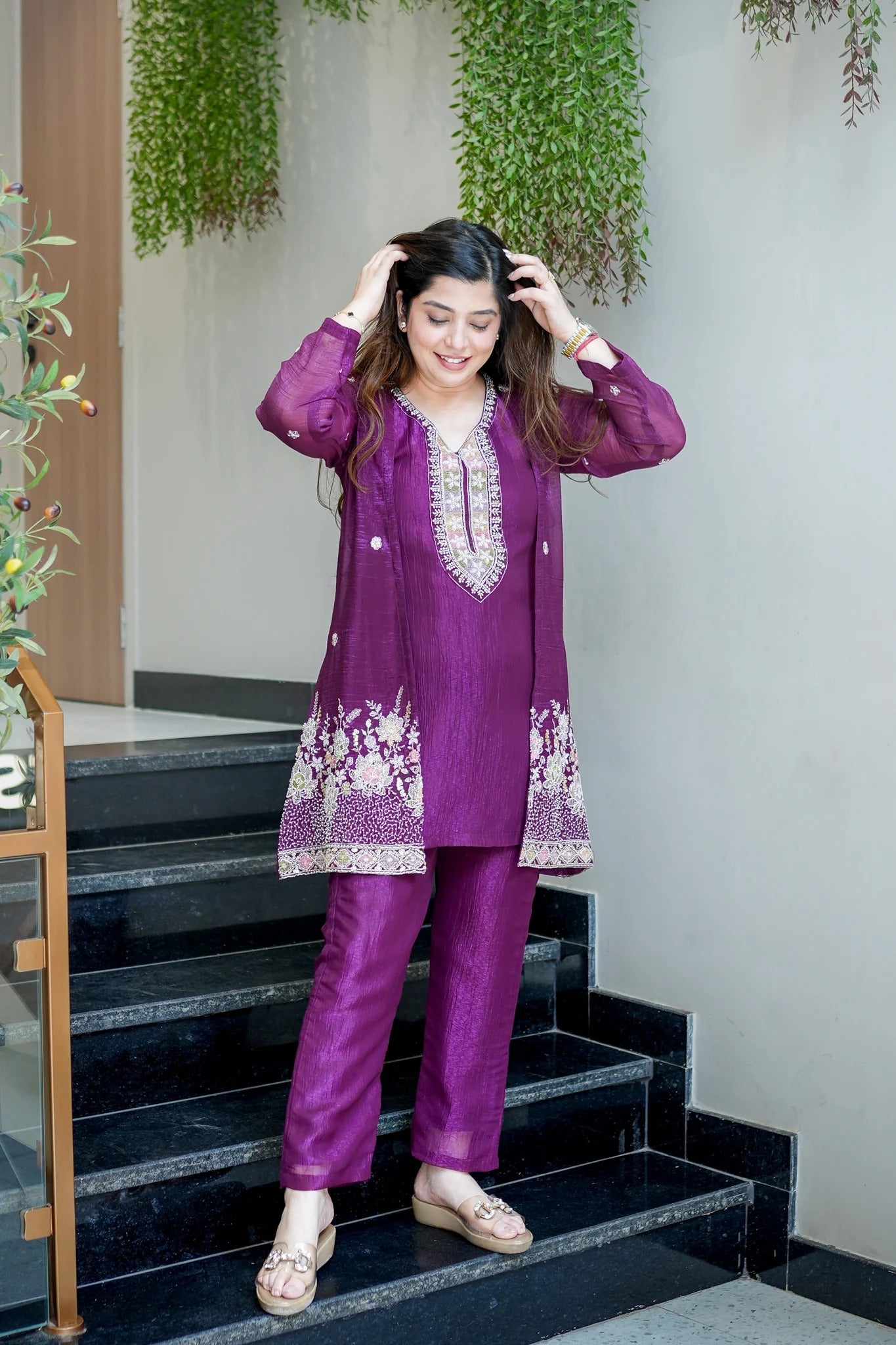 Premium Embroidered Chinon Silk Kurta Pant With Koti Set