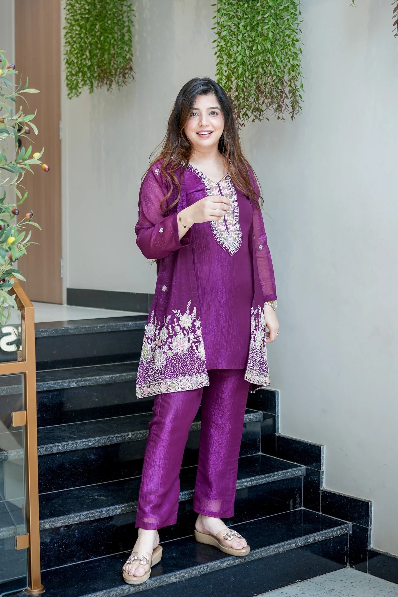 Premium Embroidered Chinon Silk Kurta Pant With Koti Set