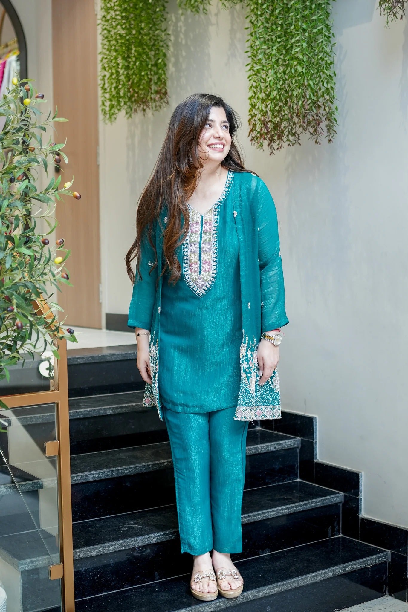 Premium Embroidered Chinon Silk Kurta Pant With Koti Set