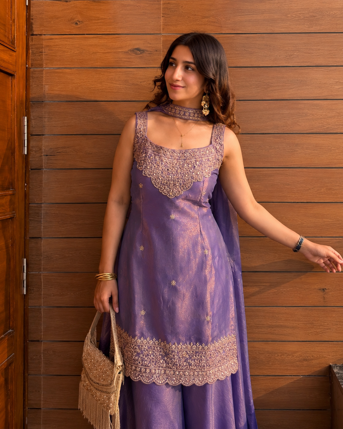 Deep Purple Heavy Embroidered Sleeveless Sharara Set