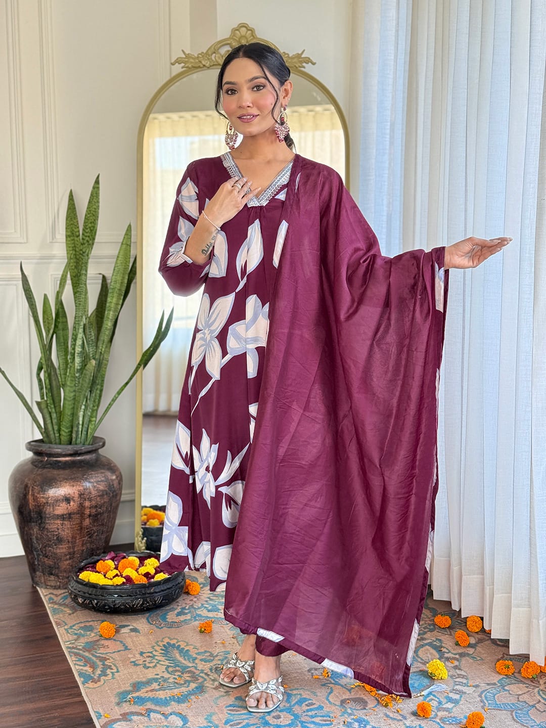Most Beautiful French Creap Suit Set With Chanderi Dupatta