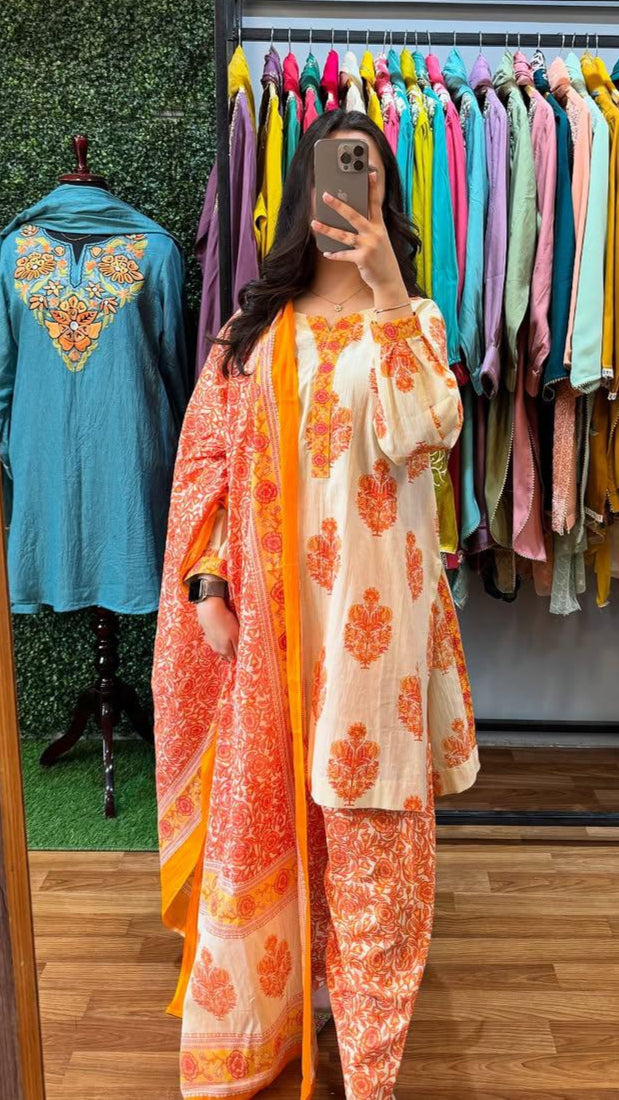 Most Beautiful Pure Cotton Katha Work Suit Set