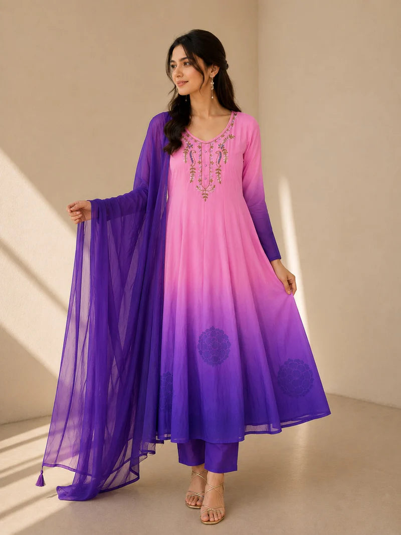 Pink & Royal Purple Embroidered Anarkali Suit Set with Dupatta