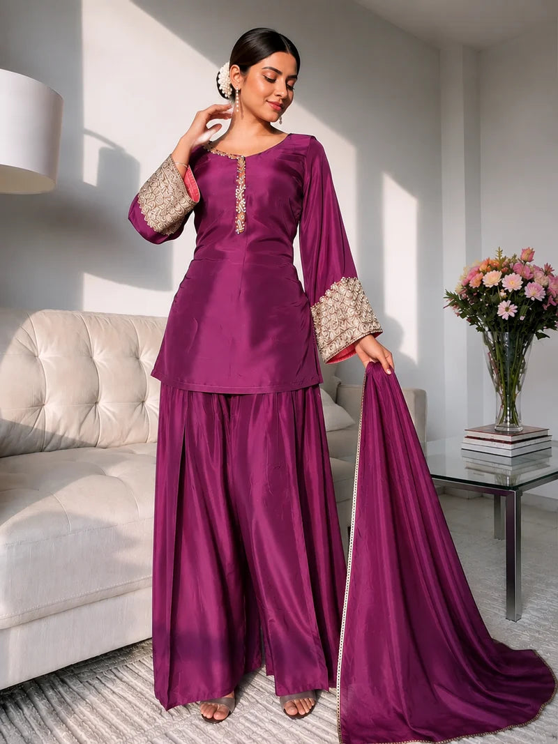 Amani Wine Embroidered Suit Set