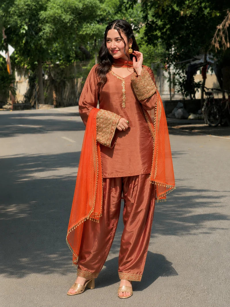 Amani Rust Embroidered Suit Set