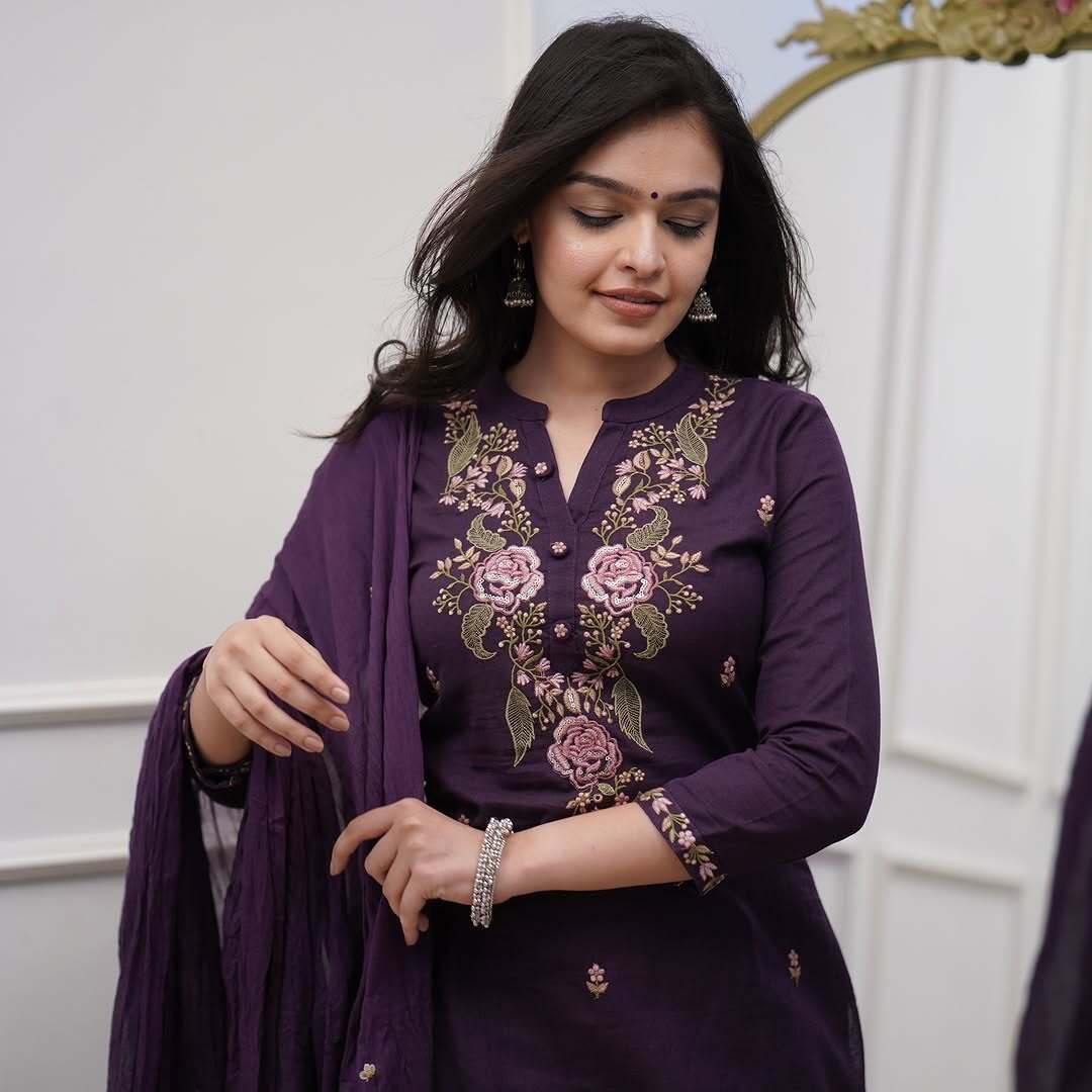 Sophisticated Pure Cotton Purple Embroidary Work Suit Set