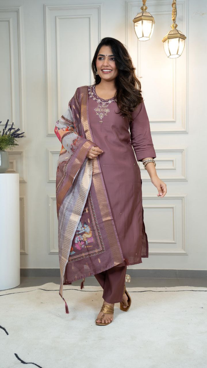 Gorgeous Roman Silk Hand Work Kurta Set With Dupatta