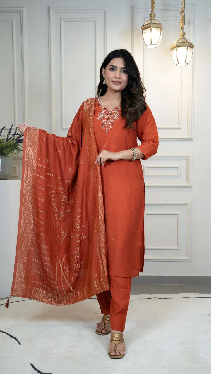Stunning Roman Silk Hand Work Kurta Set With Dupatta
