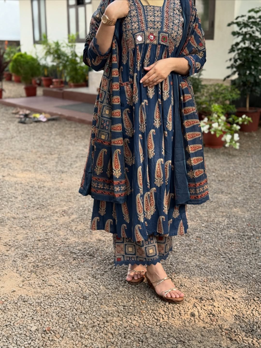 Very Graceful Pure Mul Cotton ajarakh A-Line Suit Set