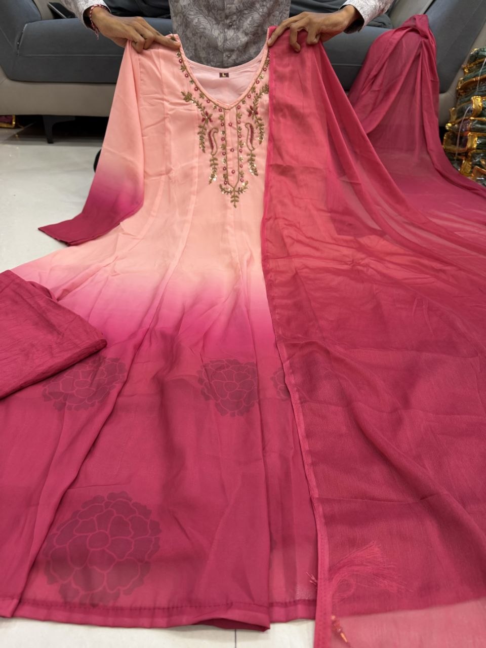Pink Ombre Embroidered Anarkali Suit Set with Dupatta