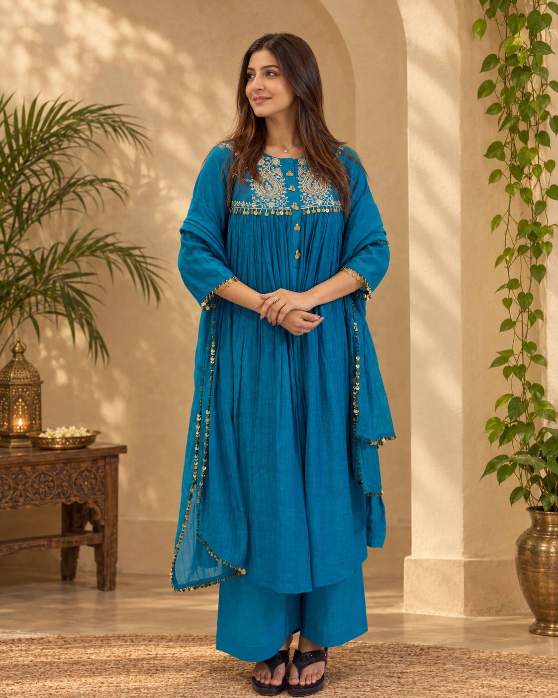 Royal Teal Elegance Embroidered Kurta Set with Palazzo And Dupatta