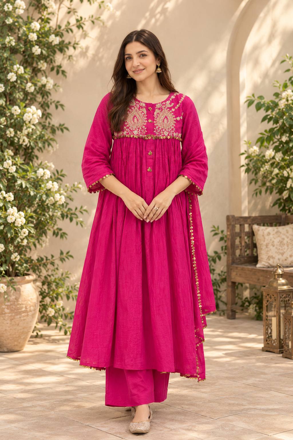 Pink Embroidered Anarkali Suit Set with Dupatta