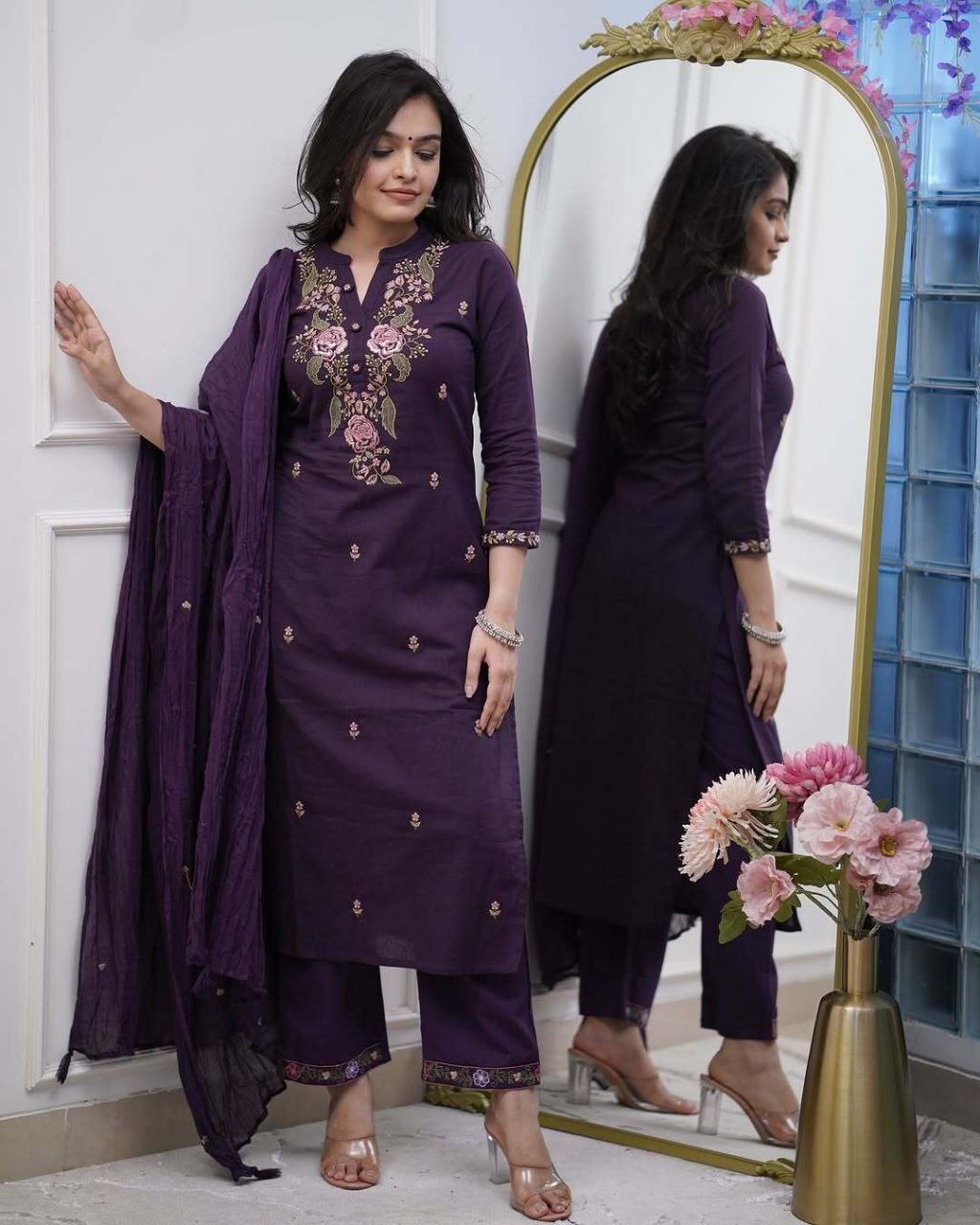 Sophisticated Pure Cotton Purple Embroidary Work Suit Set