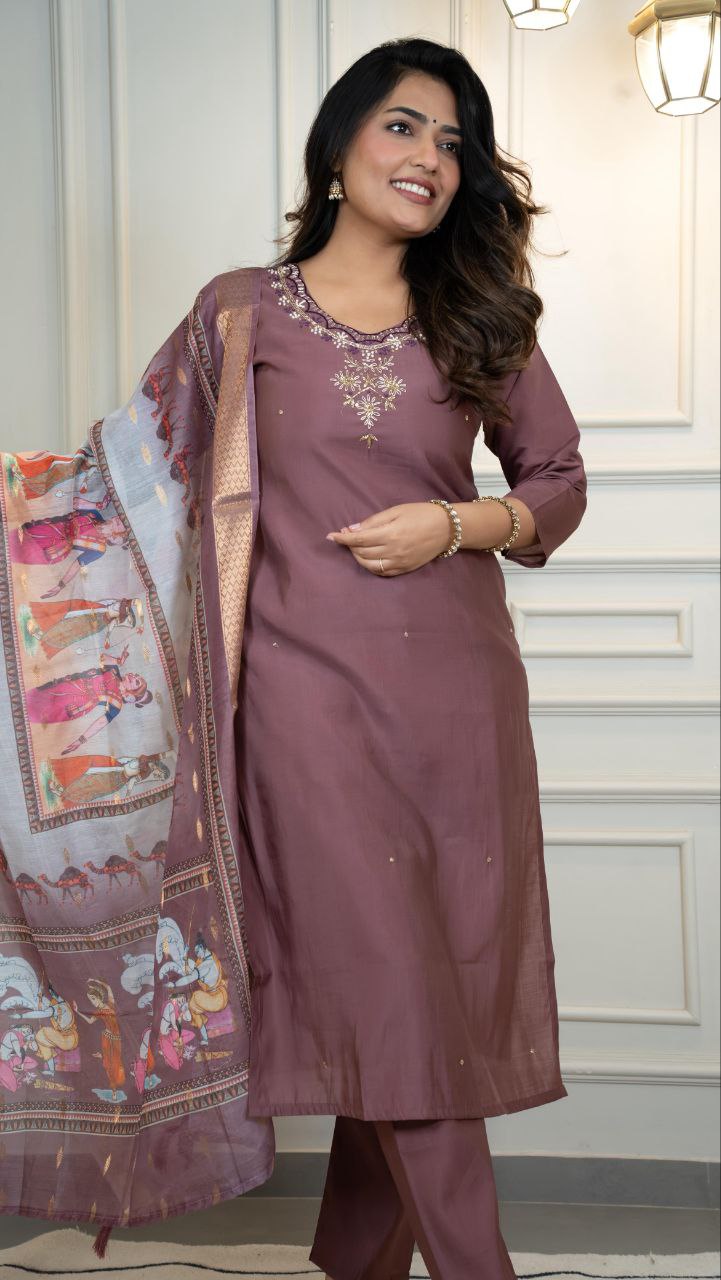 Gorgeous Roman Silk Hand Work Kurta Set With Dupatta