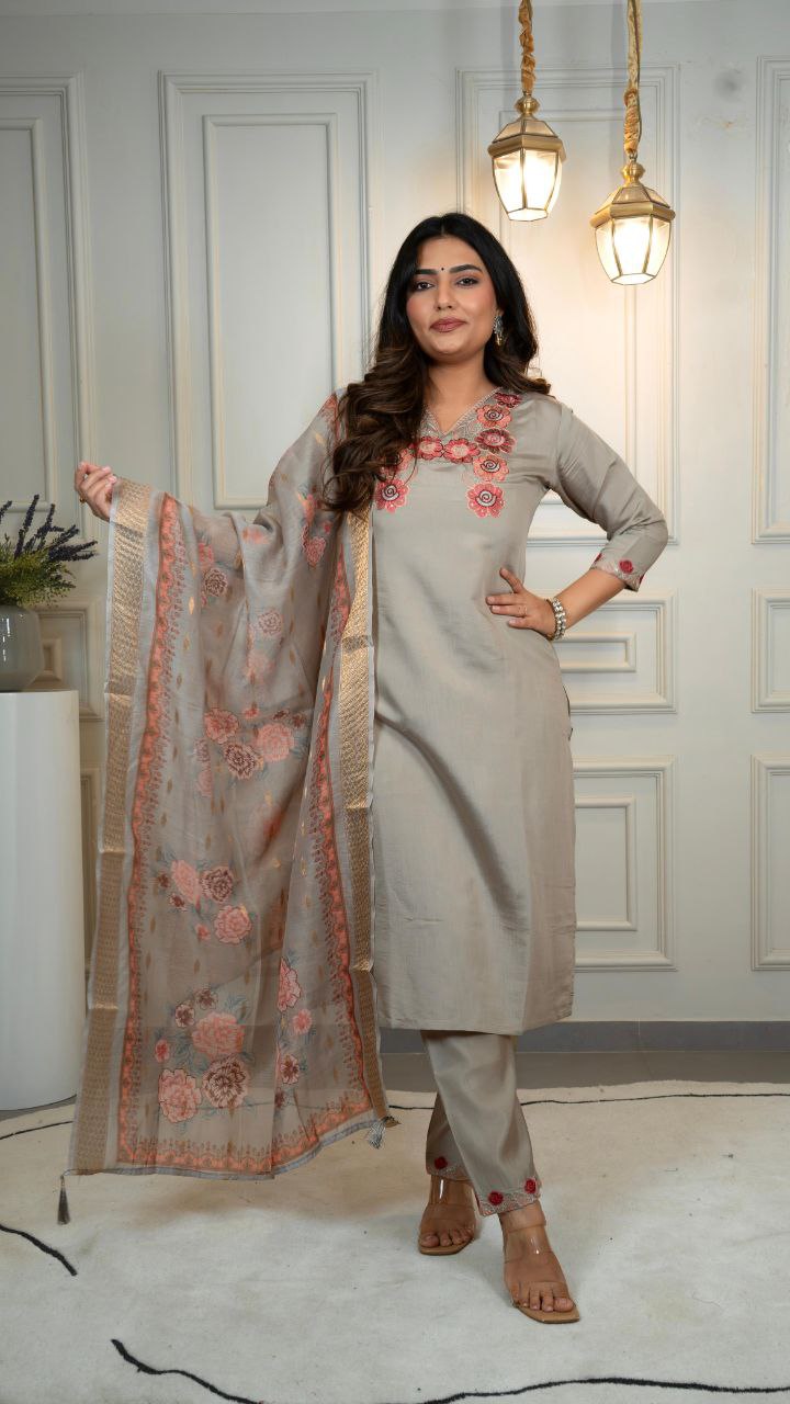 Most Glamorous Roman Silk Hand Work Kurta Set With Dupatta