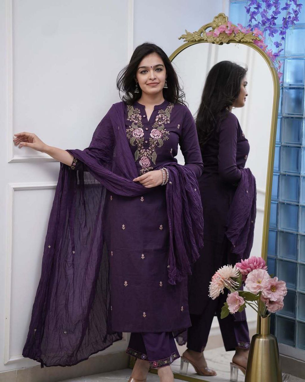 Sophisticated Pure Cotton Purple Embroidary Work Suit Set