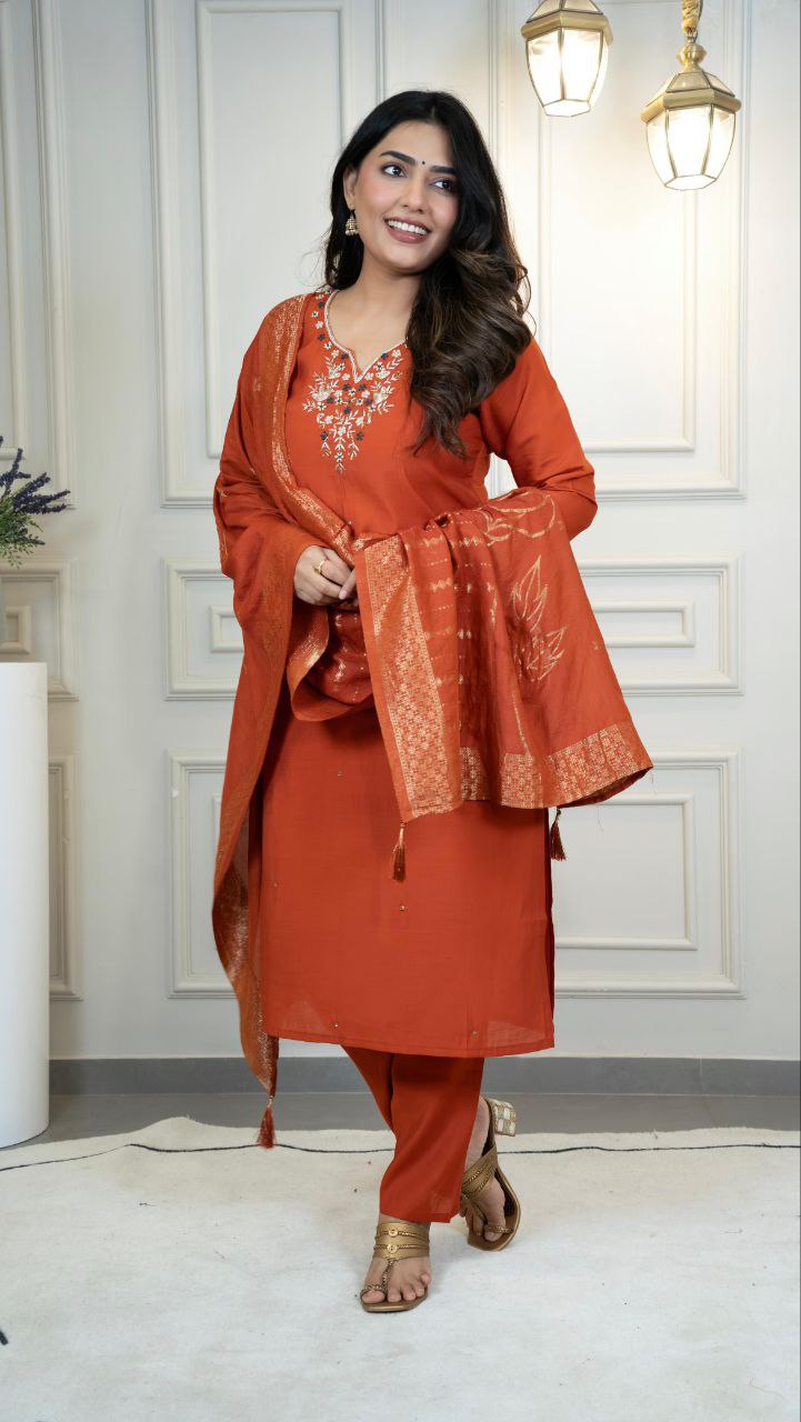 Stunning Roman Silk Hand Work Kurta Set With Dupatta