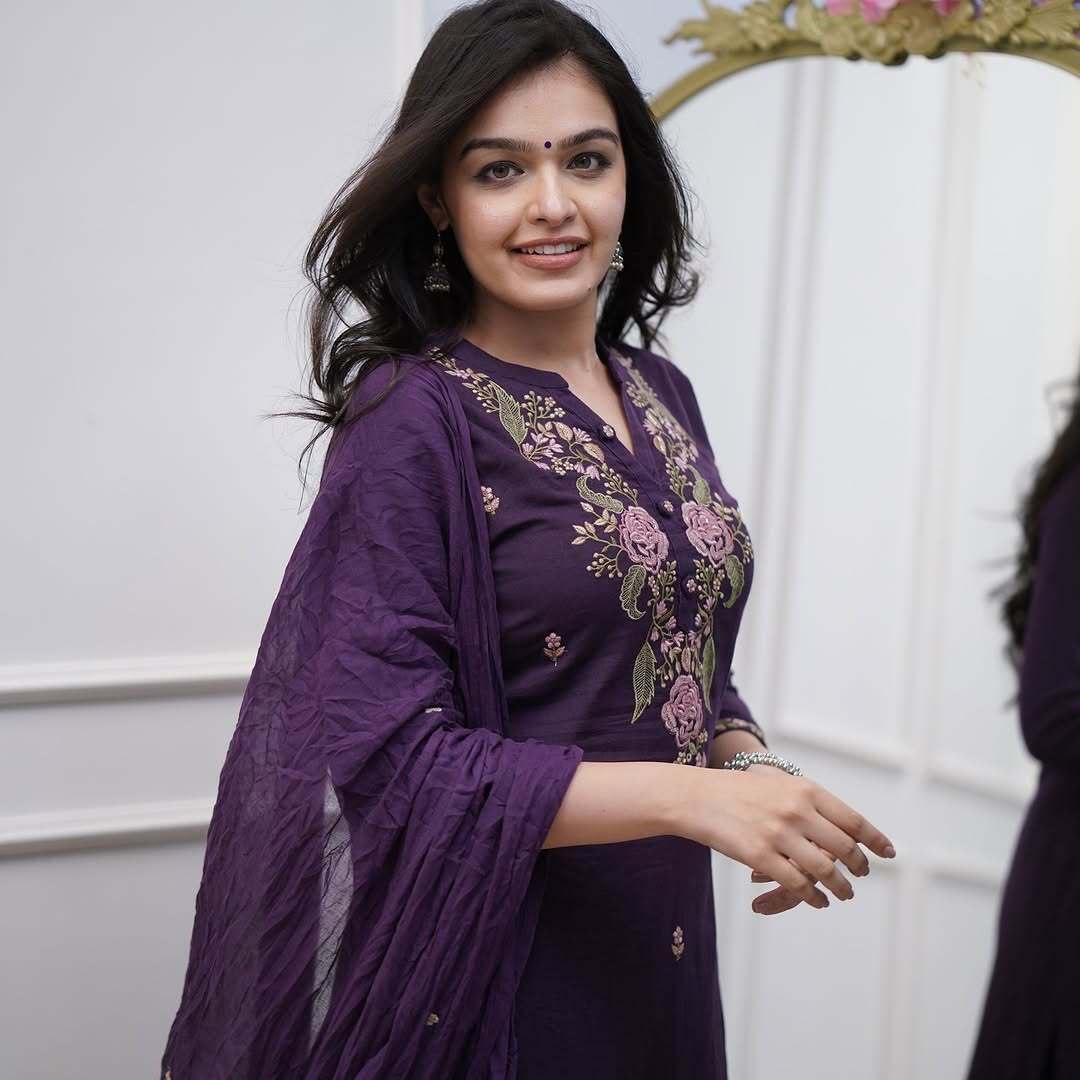 Sophisticated Pure Cotton Purple Embroidary Work Suit Set