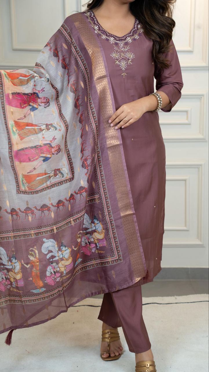 Gorgeous Roman Silk Hand Work Kurta Set With Dupatta