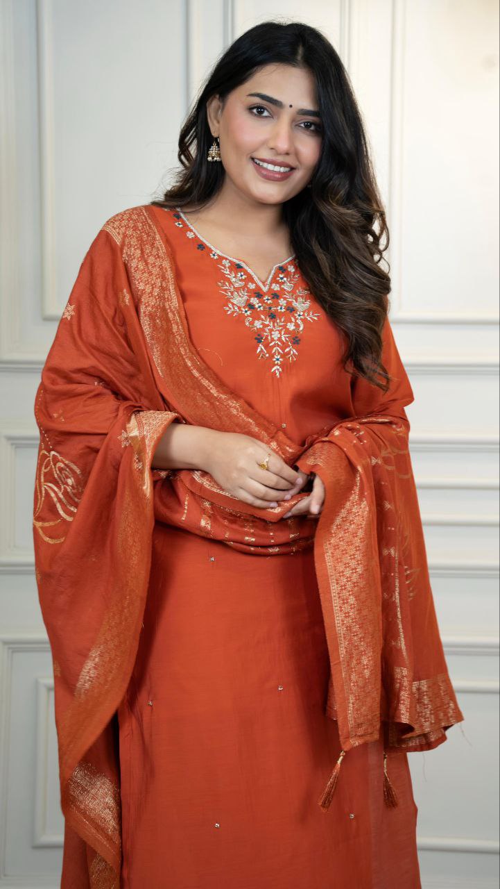 Stunning Roman Silk Hand Work Kurta Set With Dupatta