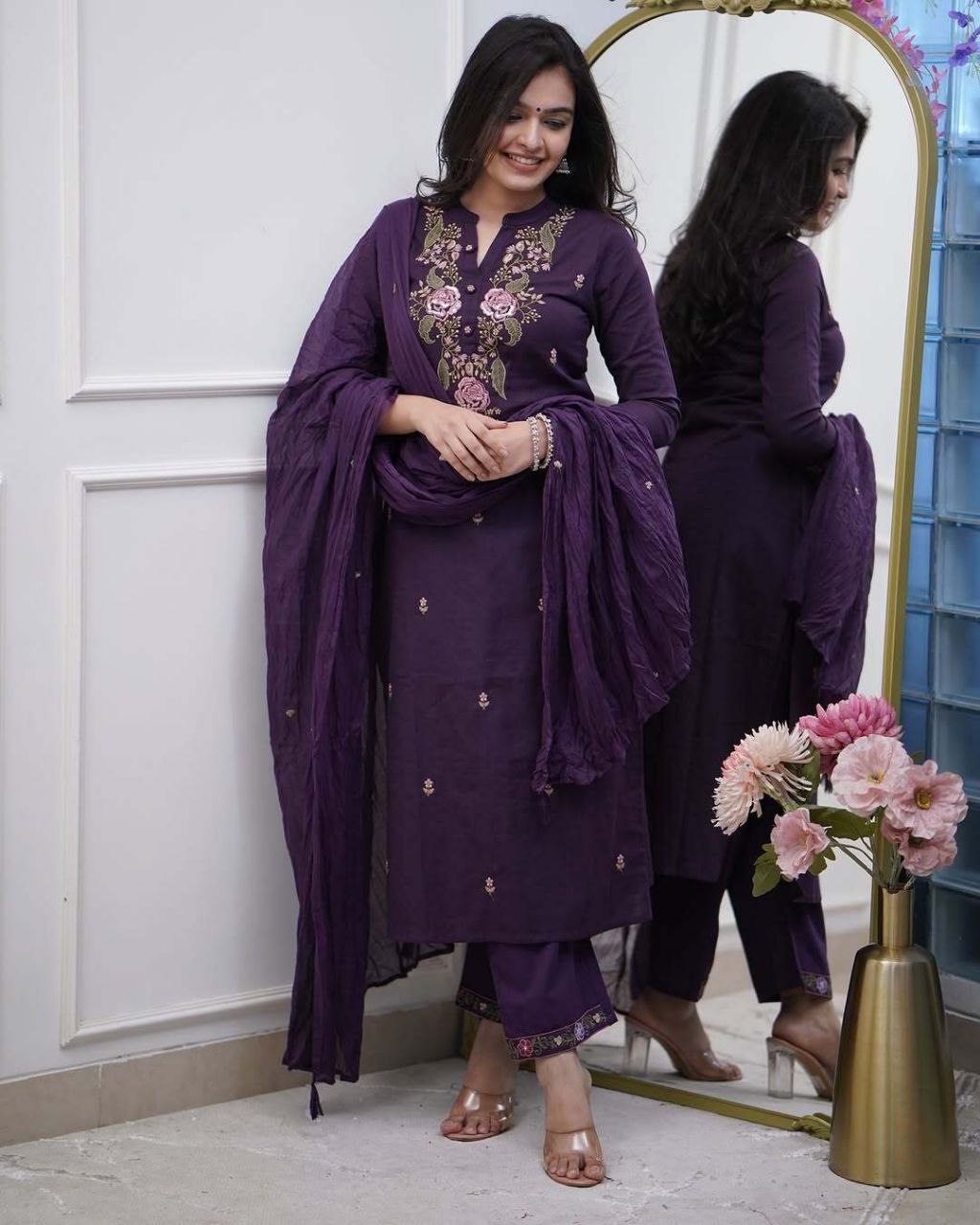 Sophisticated Pure Cotton Purple Embroidary Work Suit Set