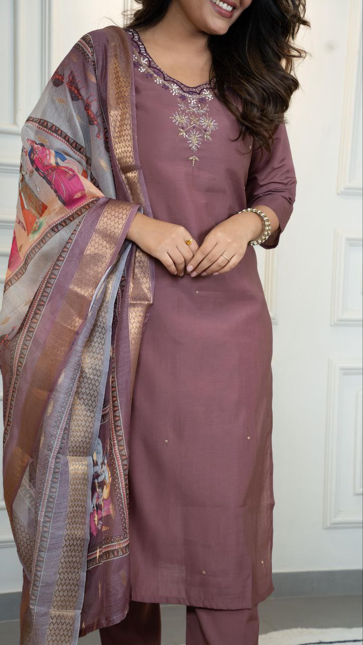 Gorgeous Roman Silk Hand Work Kurta Set With Dupatta