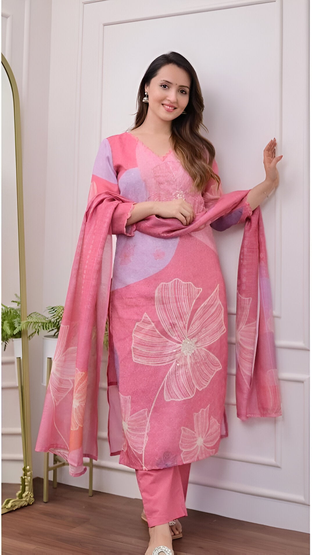 Mesmeric Pink Flower Print Line Cotton Suit Set