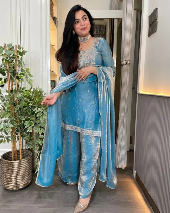 Jhanvi Sky Blue Tissue Silk Embroidered Suit Set