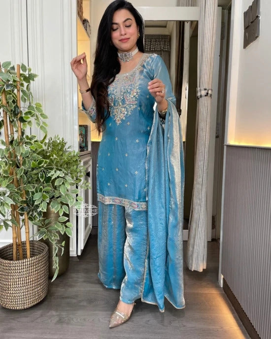 Jhanvi Sky Blue Tissue Silk Embroidered Suit Set